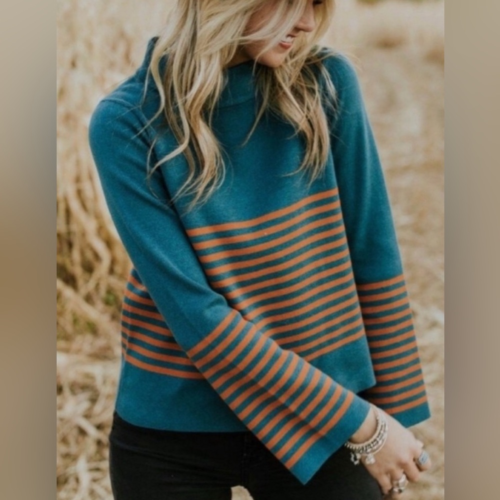 Roolee Teal and Rust Striped Sweater
